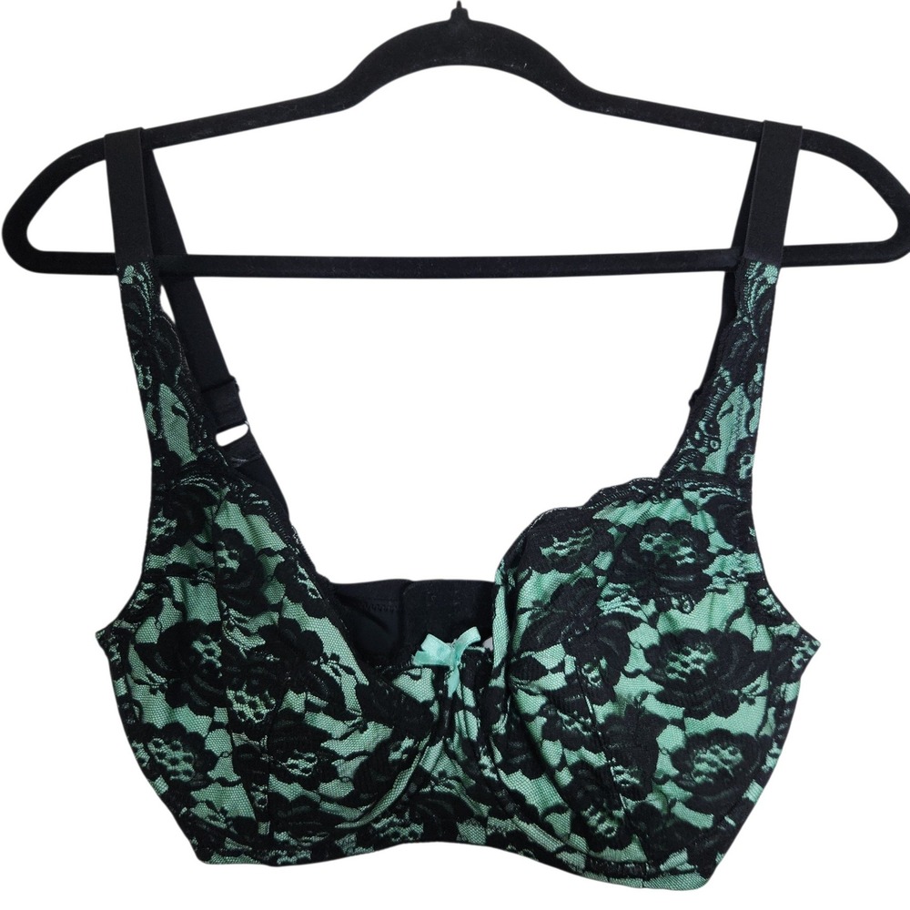 Fredericks of Hollywood Mint Green Black Lace Underwire Bra 34F Style 1610